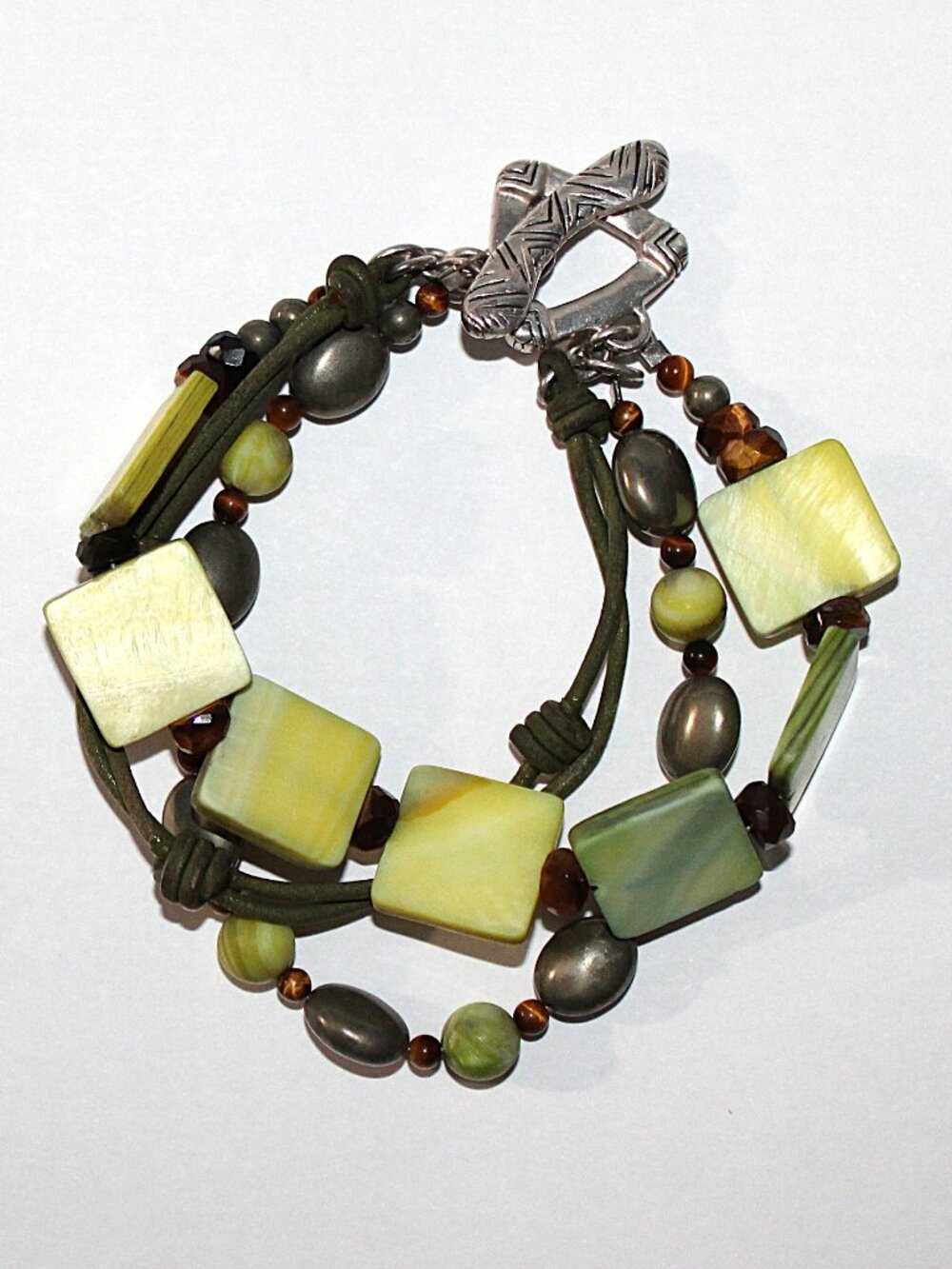 Silpada Sterling Silver Green Mother of Pearl Tiger's Eye Pyrite Bracelet B1132